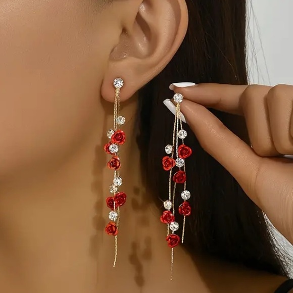 Romantic Gold Toned Rose and Diamond Stud Earrings - Picture 2 of 4